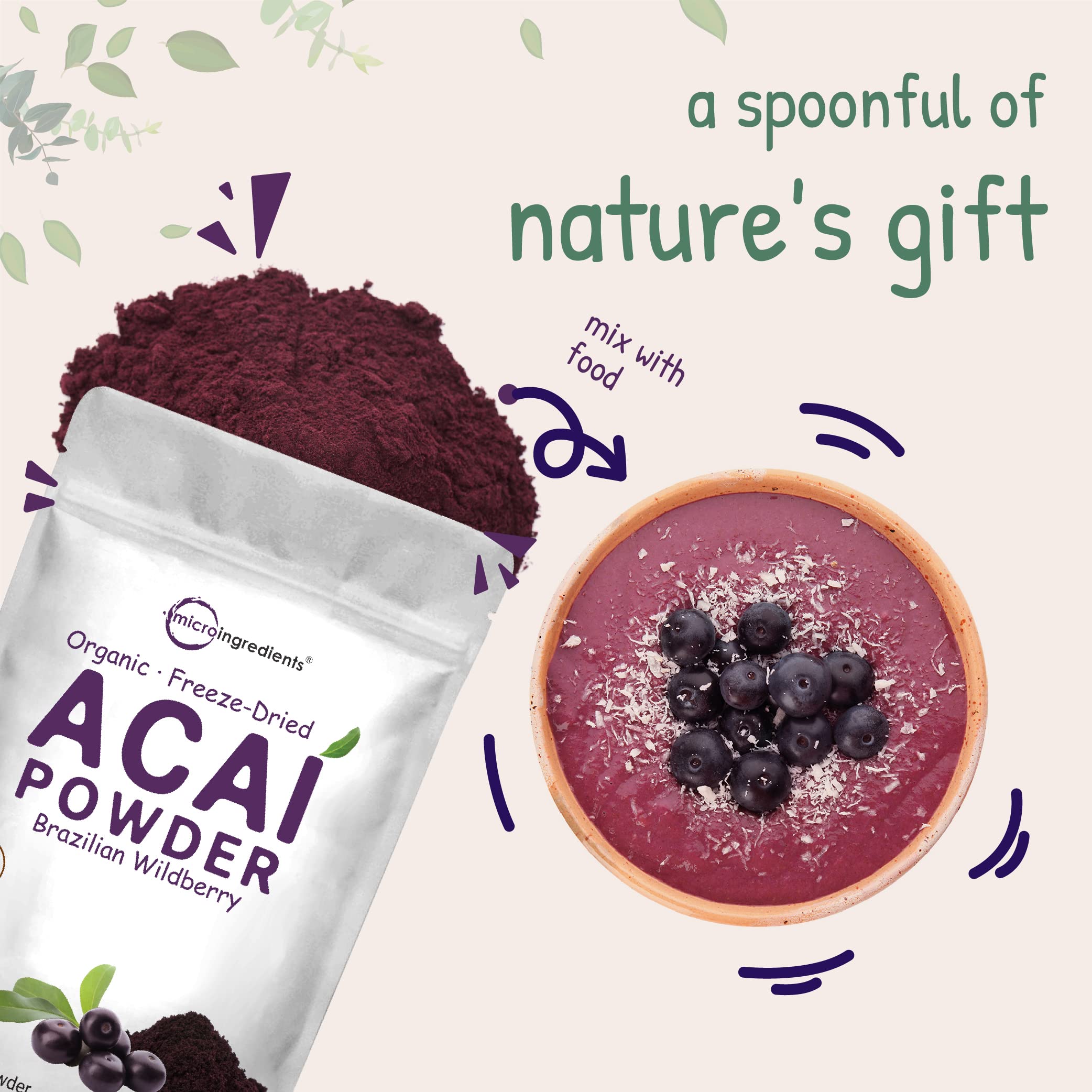 Non-GMO, vegan-friendly acai powder from Micro Ingredients for everyday routines.