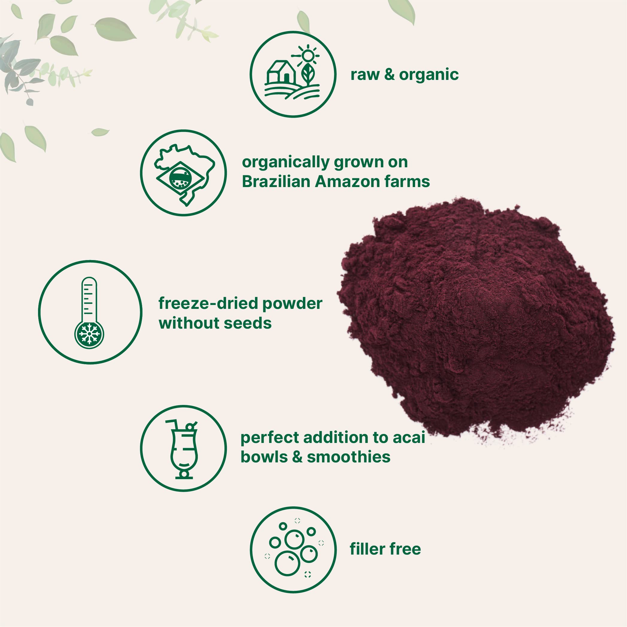 Acai powder with included scoop for precise daily measurements.