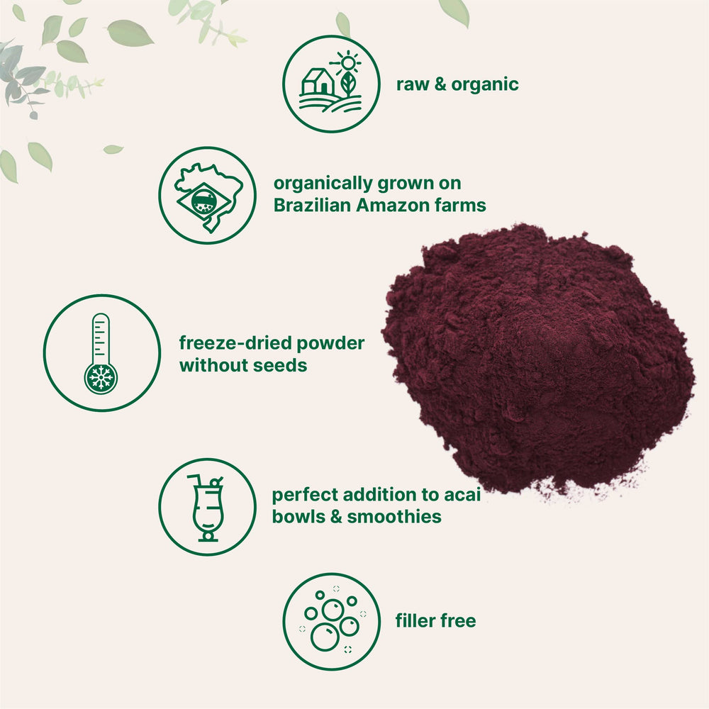 Acai powder with included scoop for precise daily measurements.
