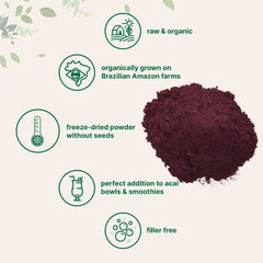 Acai powder with included scoop for precise daily measurements.