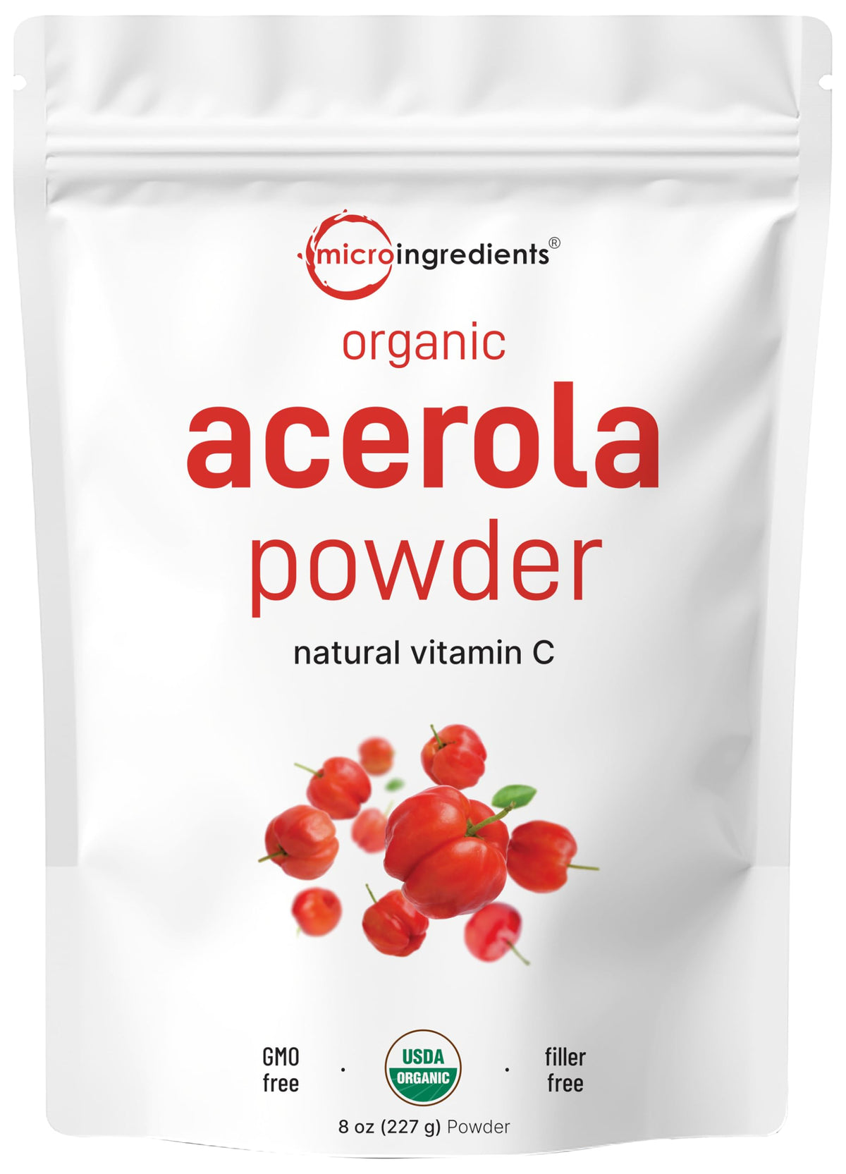 Micro Ingredients acerola powder 8oz bottle ready for smoothies and beverages