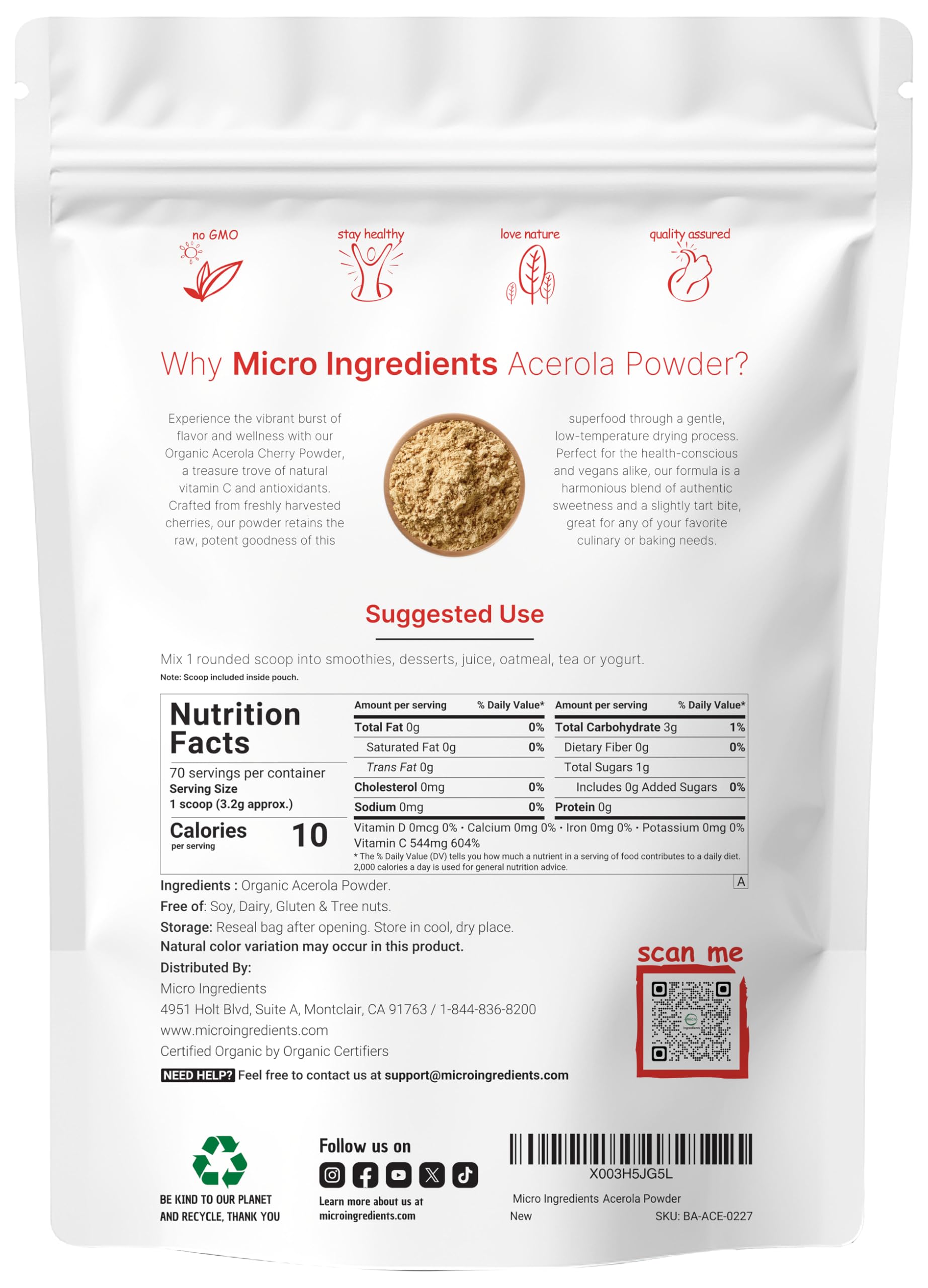Scoop included for precise daily servings of Micro Ingredients acerola powder