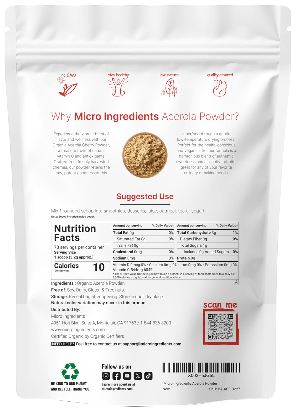 Scoop included for precise daily servings of Micro Ingredients acerola powder
