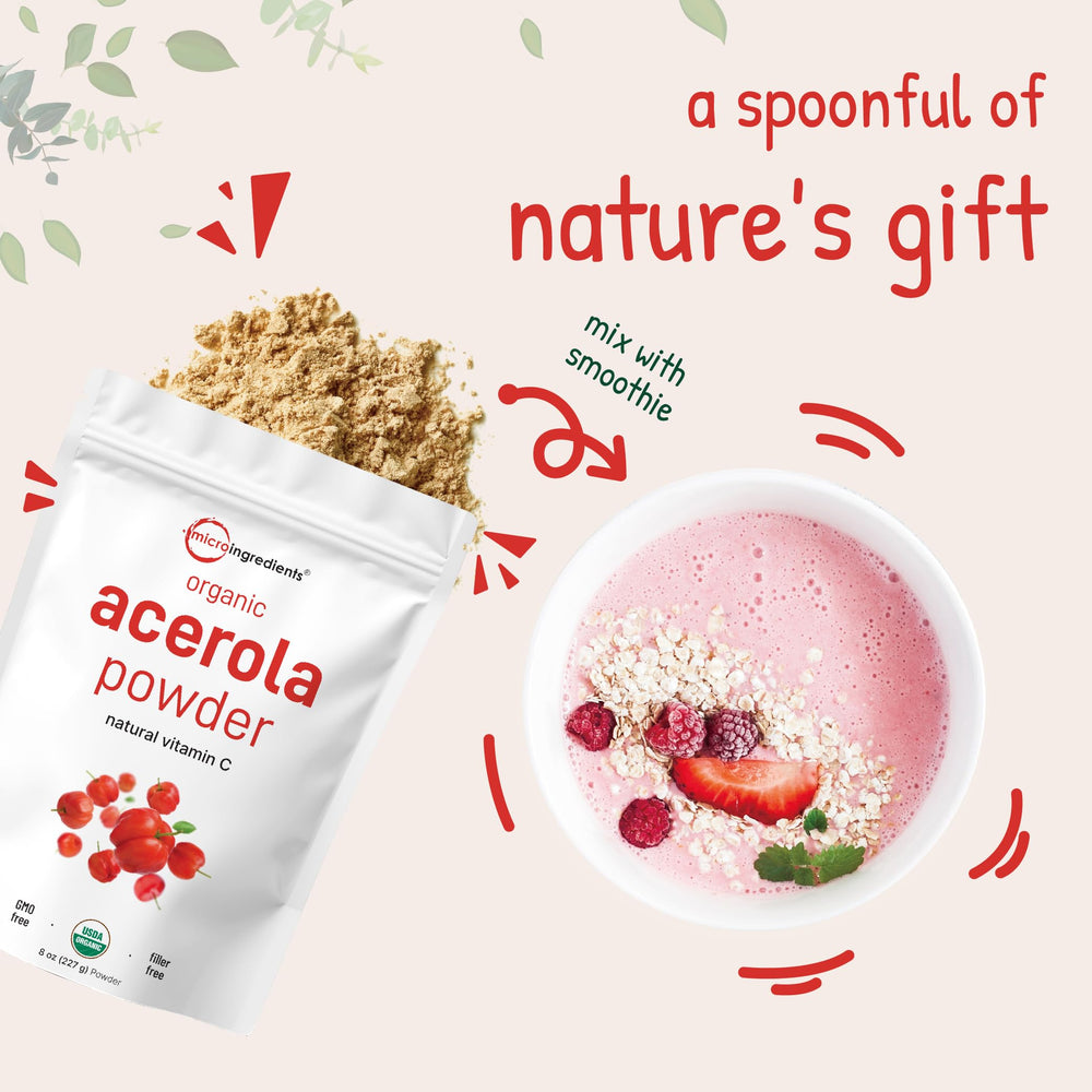 Front-facing Micro Ingredients acerola powder packaging on shelf