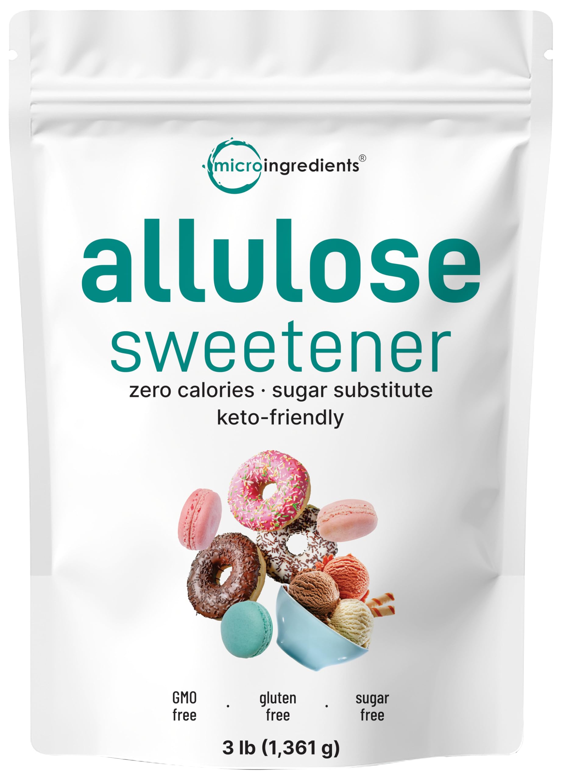 Micro Ingredients allulose powder in a jar showing zero calorie sweetness for baking and beverages.