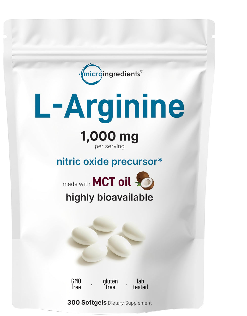 Micro Ingredients L-Arginine bottle front showing 1000mg per softgel for daily wellness