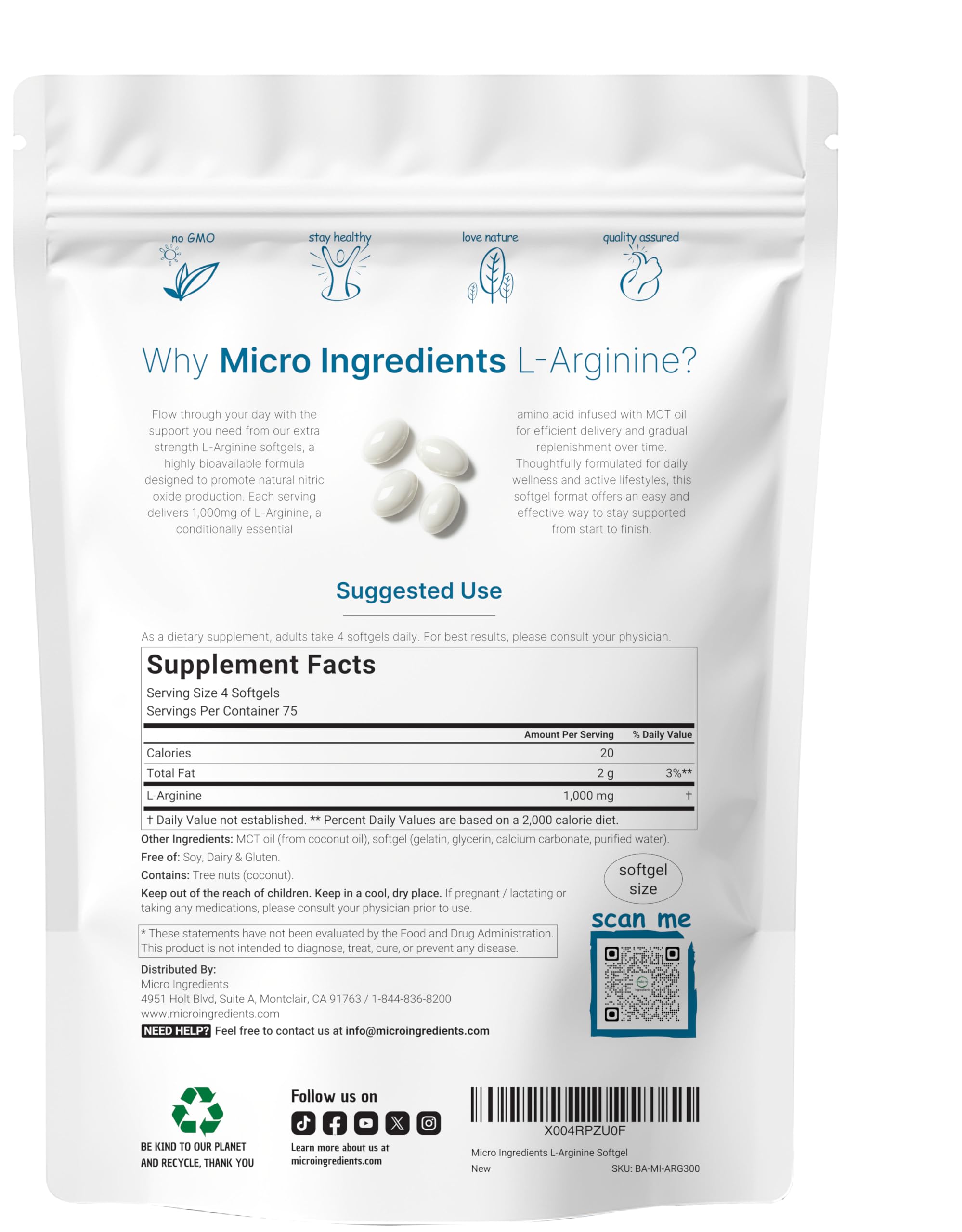 Closeup of Micro Ingredients L-Arginine softgels for easy swallowing