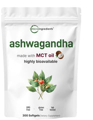 Micro Ingredients Ashwagandha softgels bottle with coconut MCT oil for enhanced absorption.