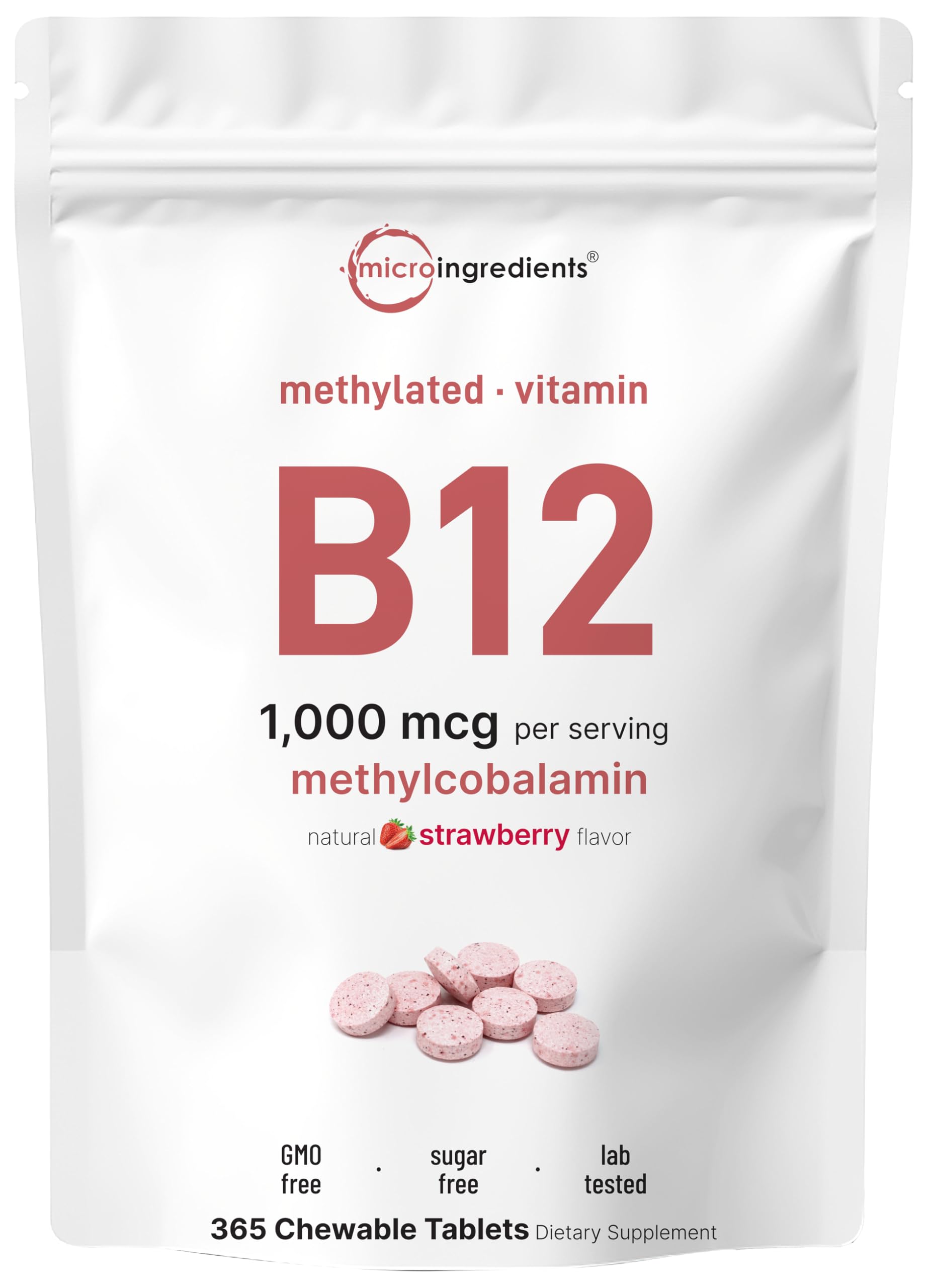 Micro Ingredients B12 chewable bottle shows fast-dissolve tablets for quick energy support.