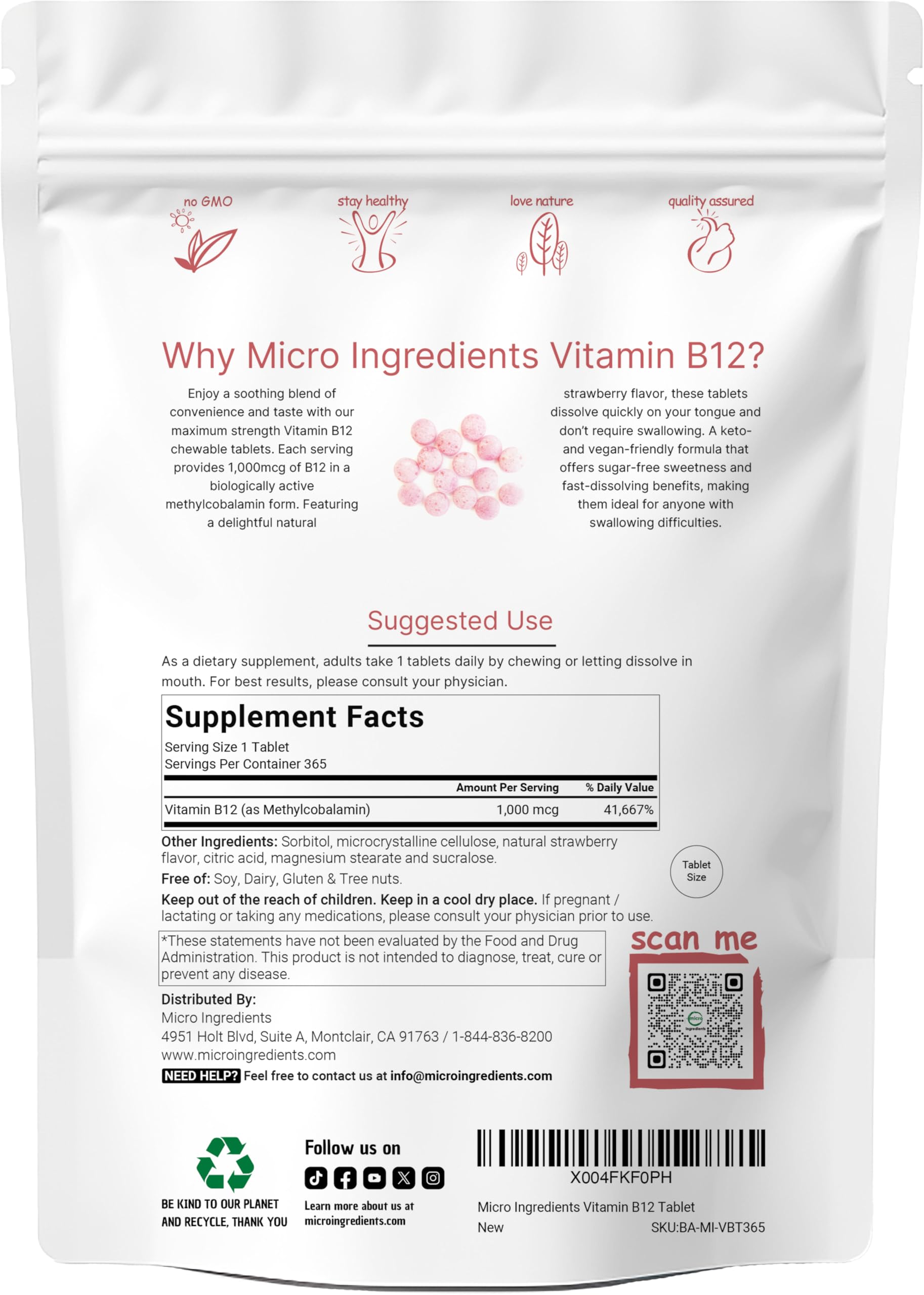 Micro Ingredients B12 chewable tablets display methylcobalamin for metabolism support.