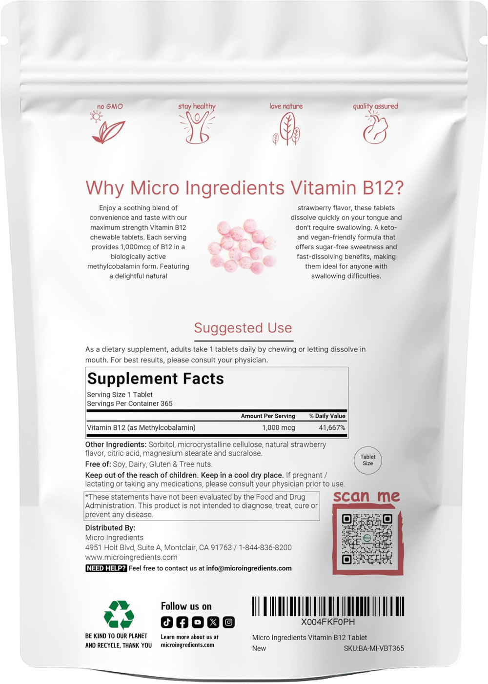 Micro Ingredients B12 chewable tablets display methylcobalamin for metabolism support.