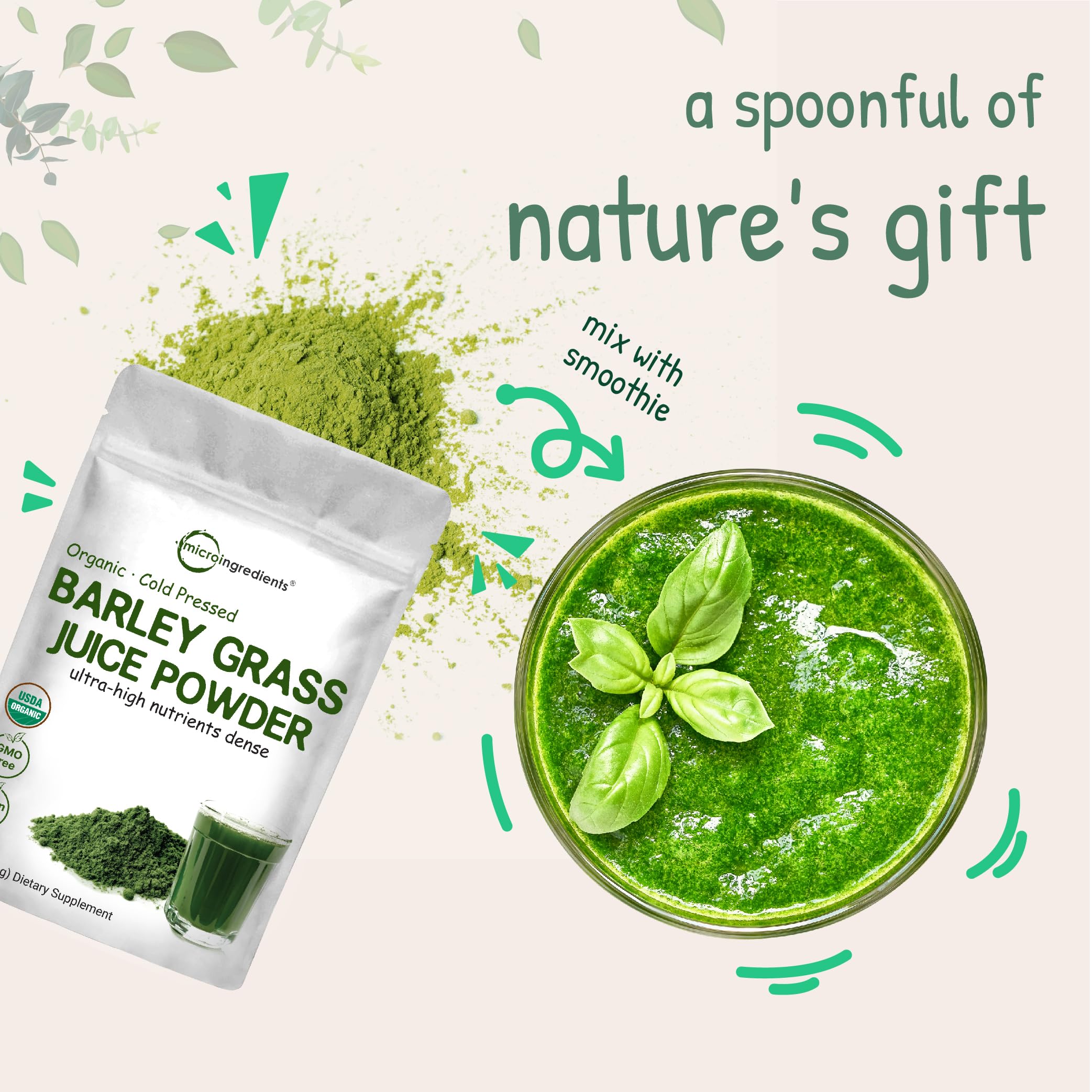 US-grown Micro Ingredients barley grass juice powder in a sealed tub