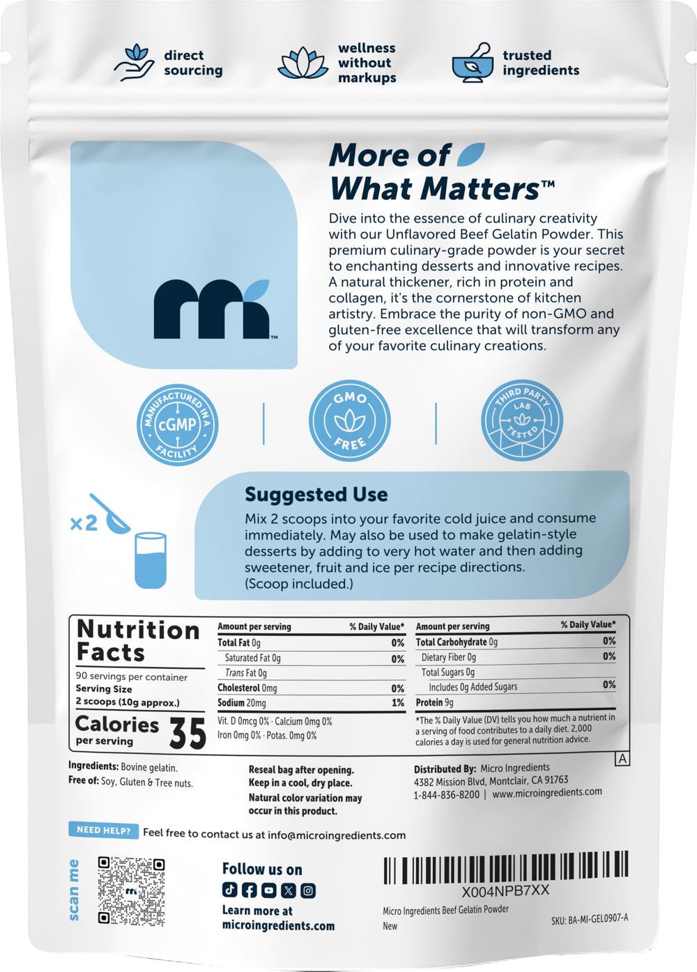 Micro Ingredients non-GMO gluten-free label on gelatin packaging