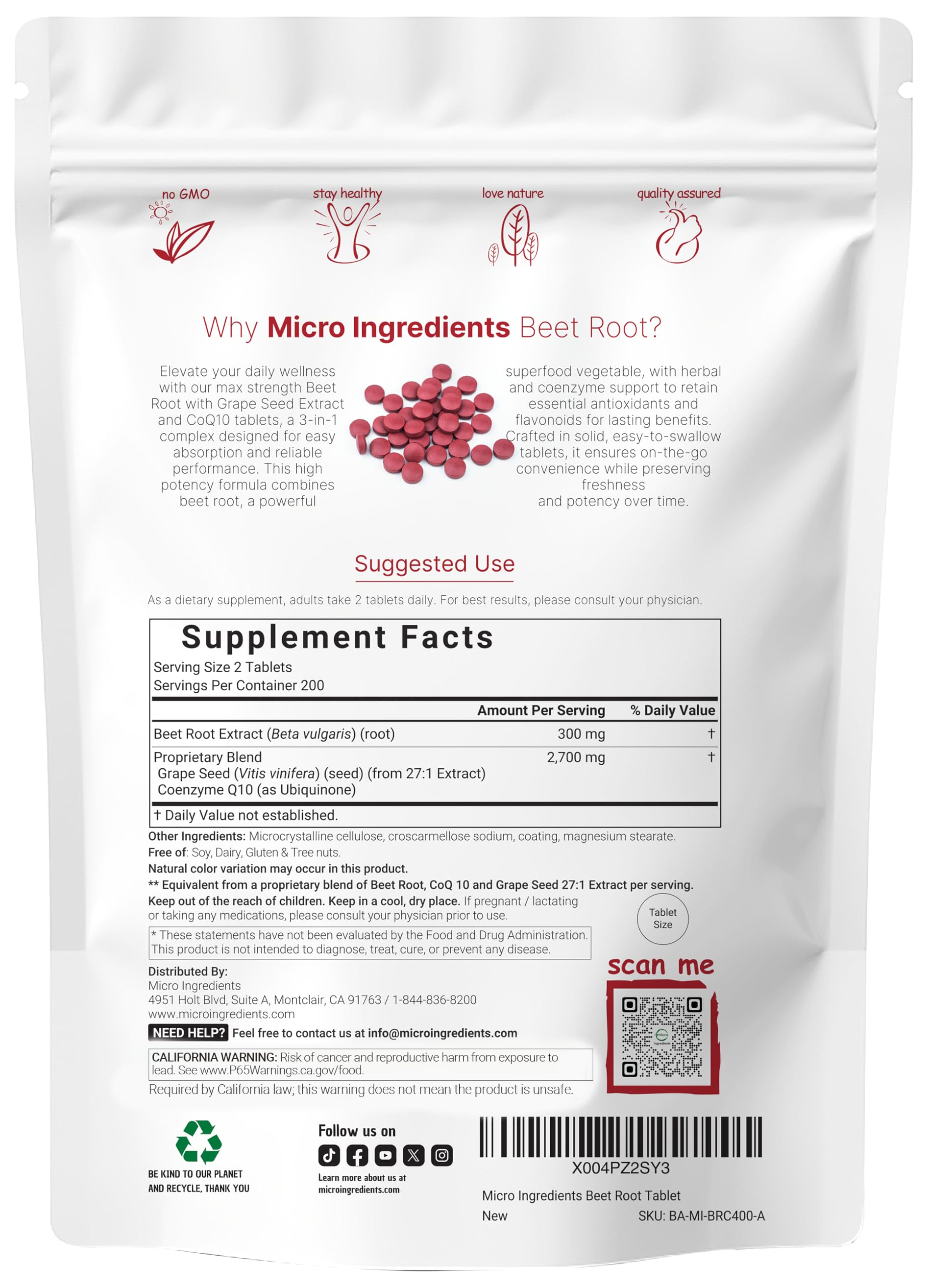 Close-up of Micro Ingredients Beet Root 3,000mg tablets showing a 400-tablet pouch.