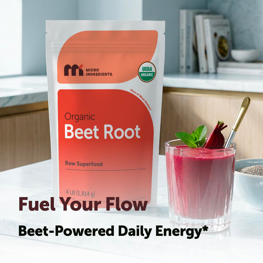 Micro Ingredients Beet Root Powder in a jar displays rich color and texture.