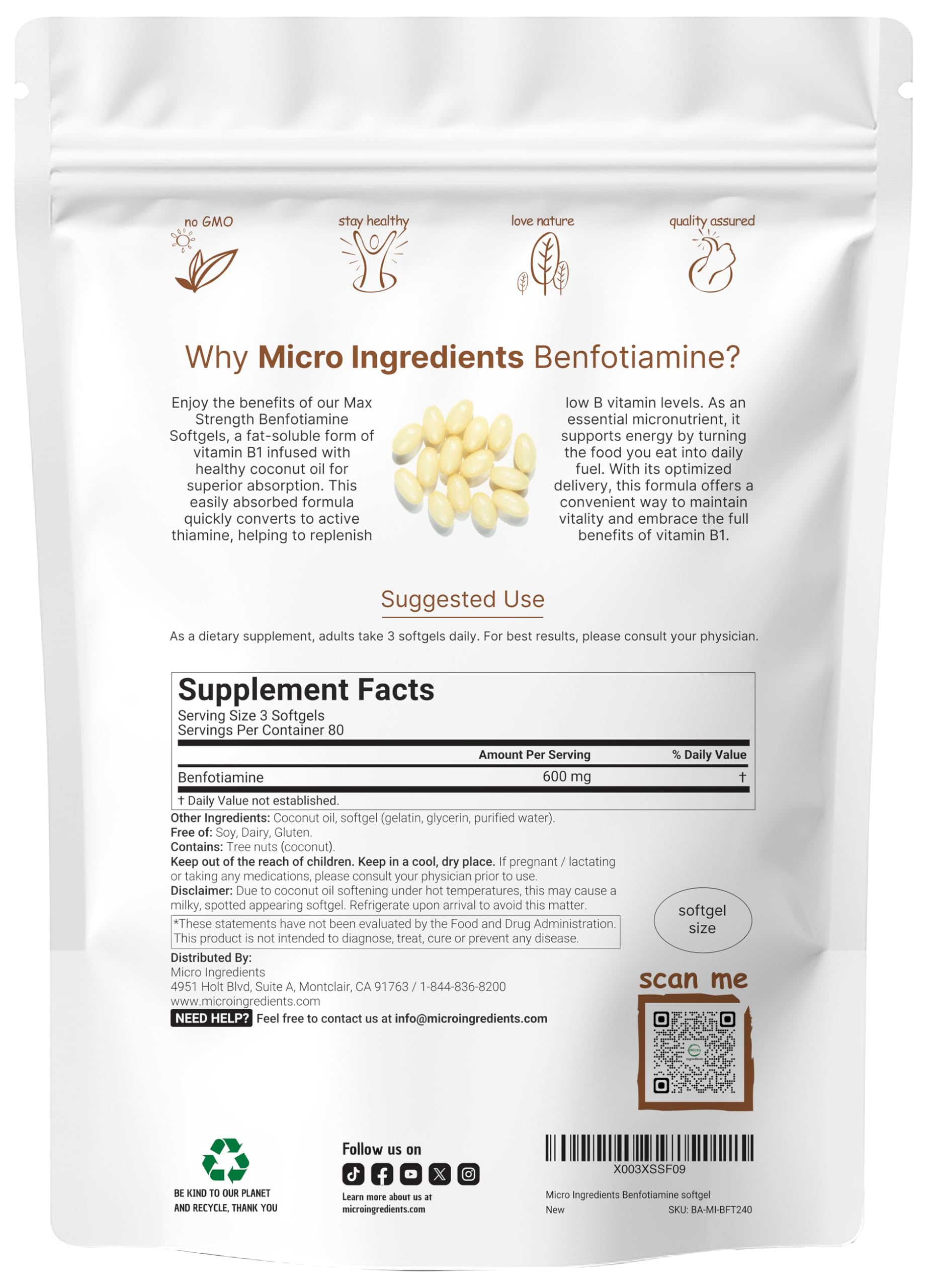 Micro Ingredients benfotiamine softgels close-up with coconut oil carrier.