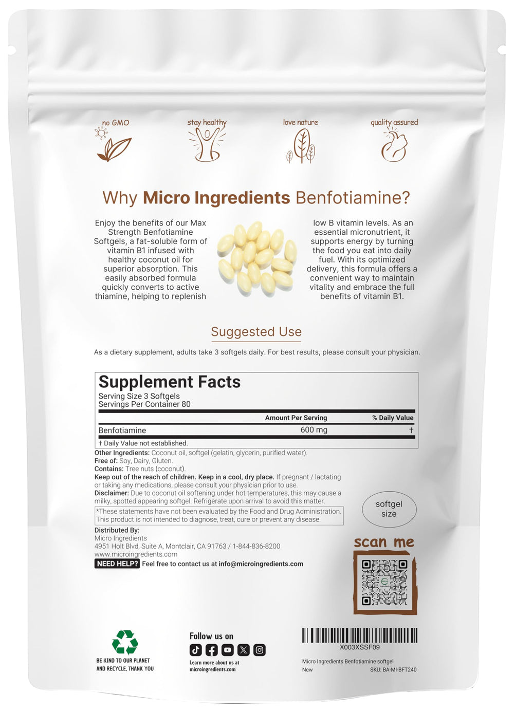 Micro Ingredients benfotiamine softgels close-up with coconut oil carrier.