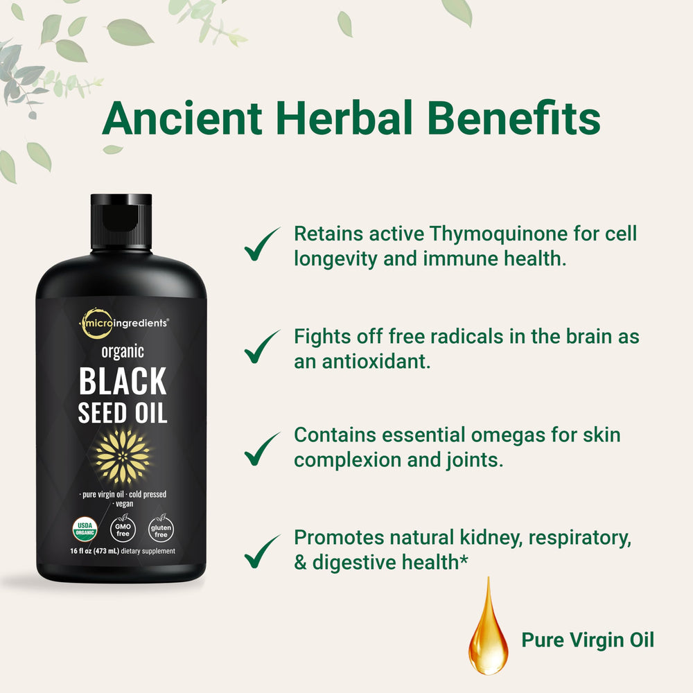 Micro Ingredients Black Seed Oil on kitchen scene ready for cooking and blends.