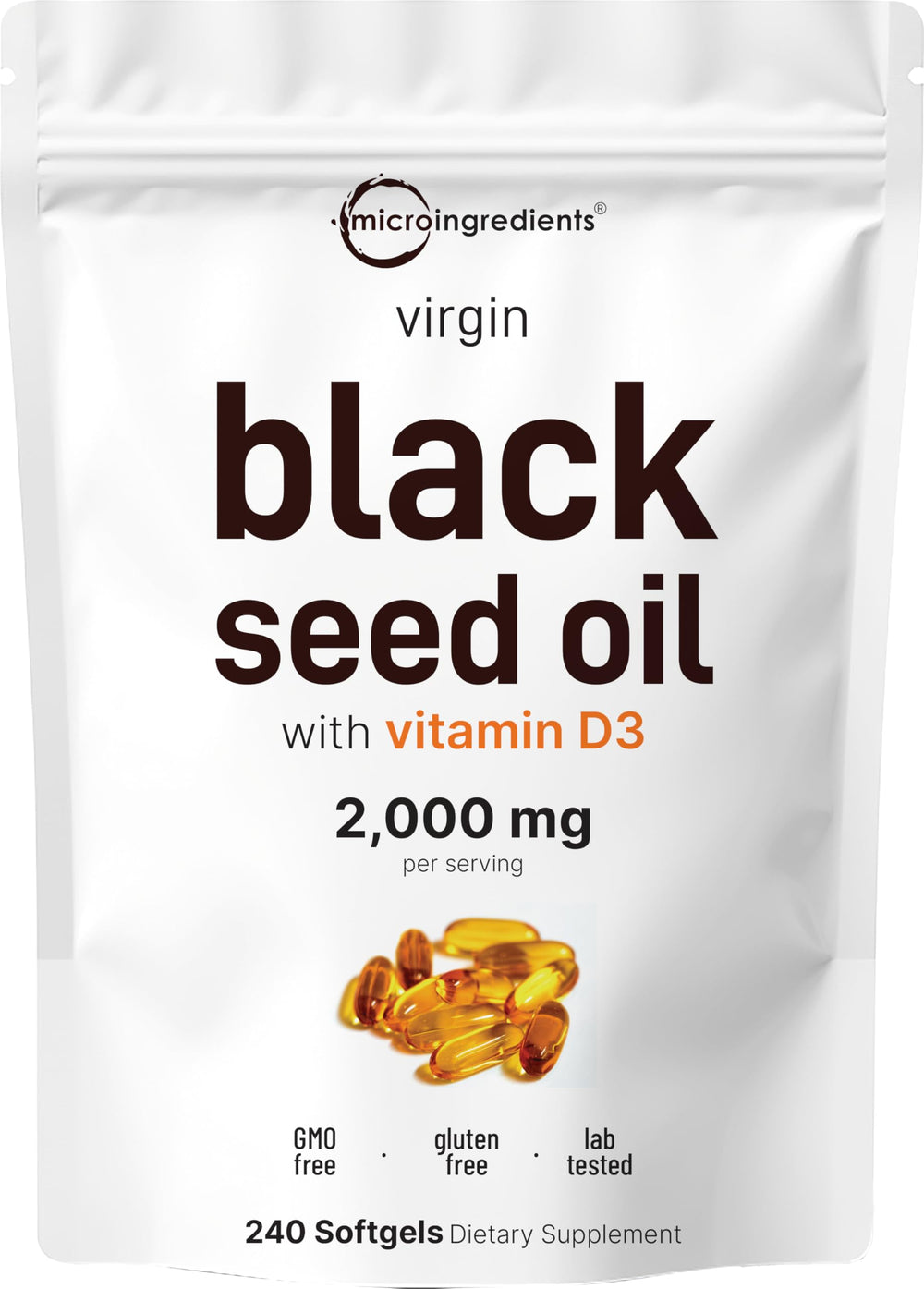 Micro Ingredients Black Seed Oil with D3 softgels bottle for daily use.