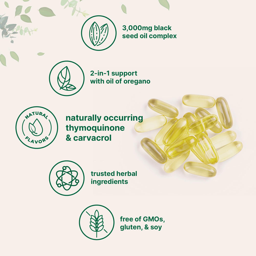 Micro Ingredients Black Seed Oil Softgels label highlights clean plant based ingredients and potency