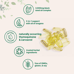 Micro Ingredients Black Seed Oil Softgels label highlights clean plant based ingredients and potency