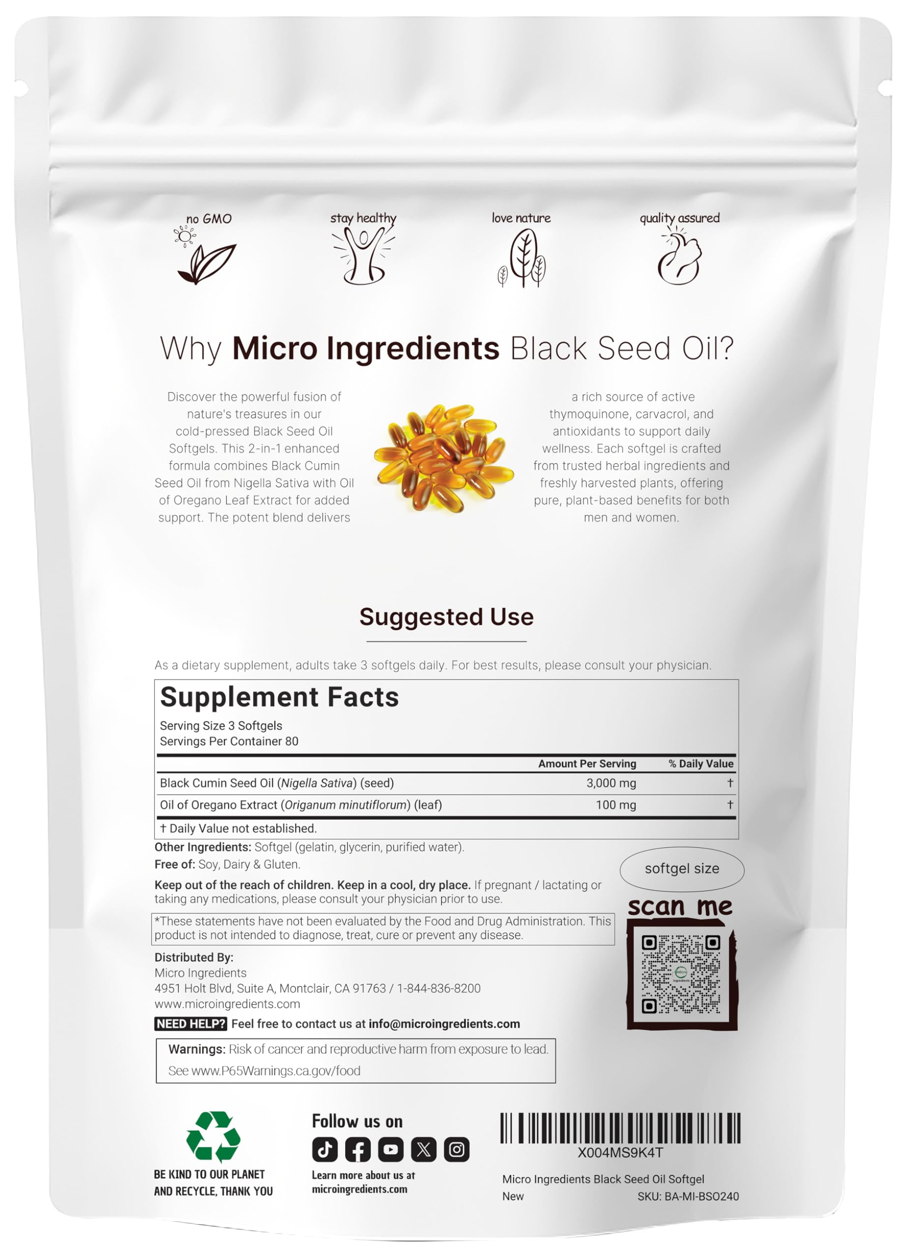 Micro Ingredients Black Seed Oil Softgels pour shows easy daily dosing and on the go use