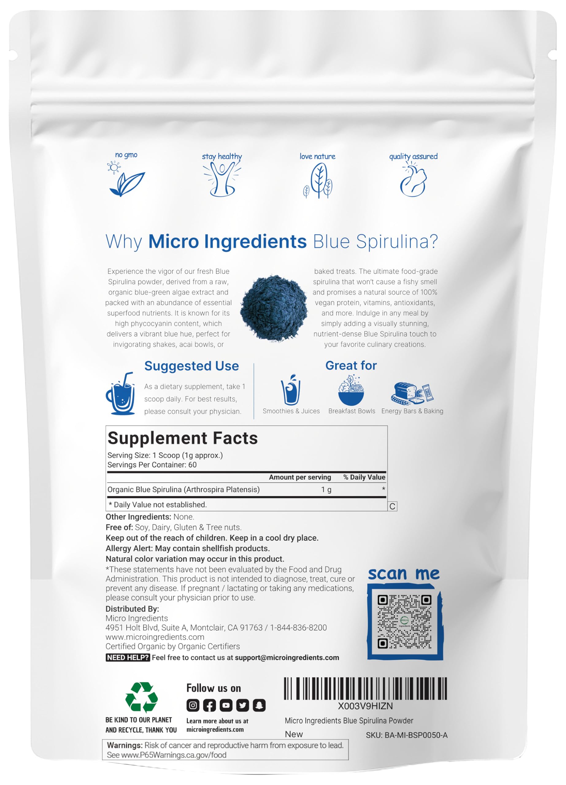 Micro Ingredients blue spirulina powder jar on the counter for vegan color.