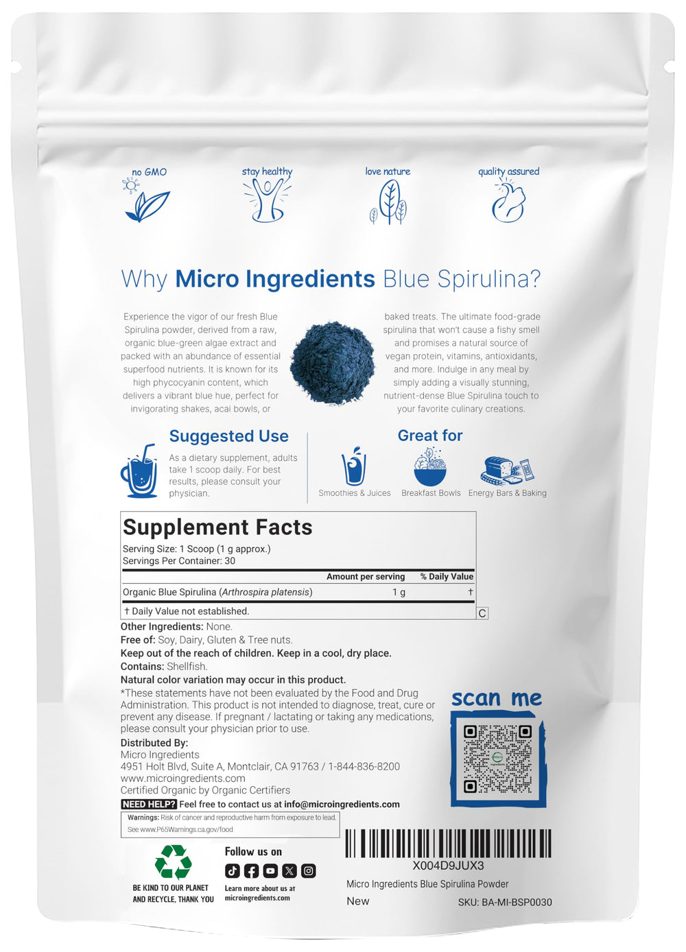 Micro Ingredients blue spirulina powder scoop provides precise 1 gram portions.