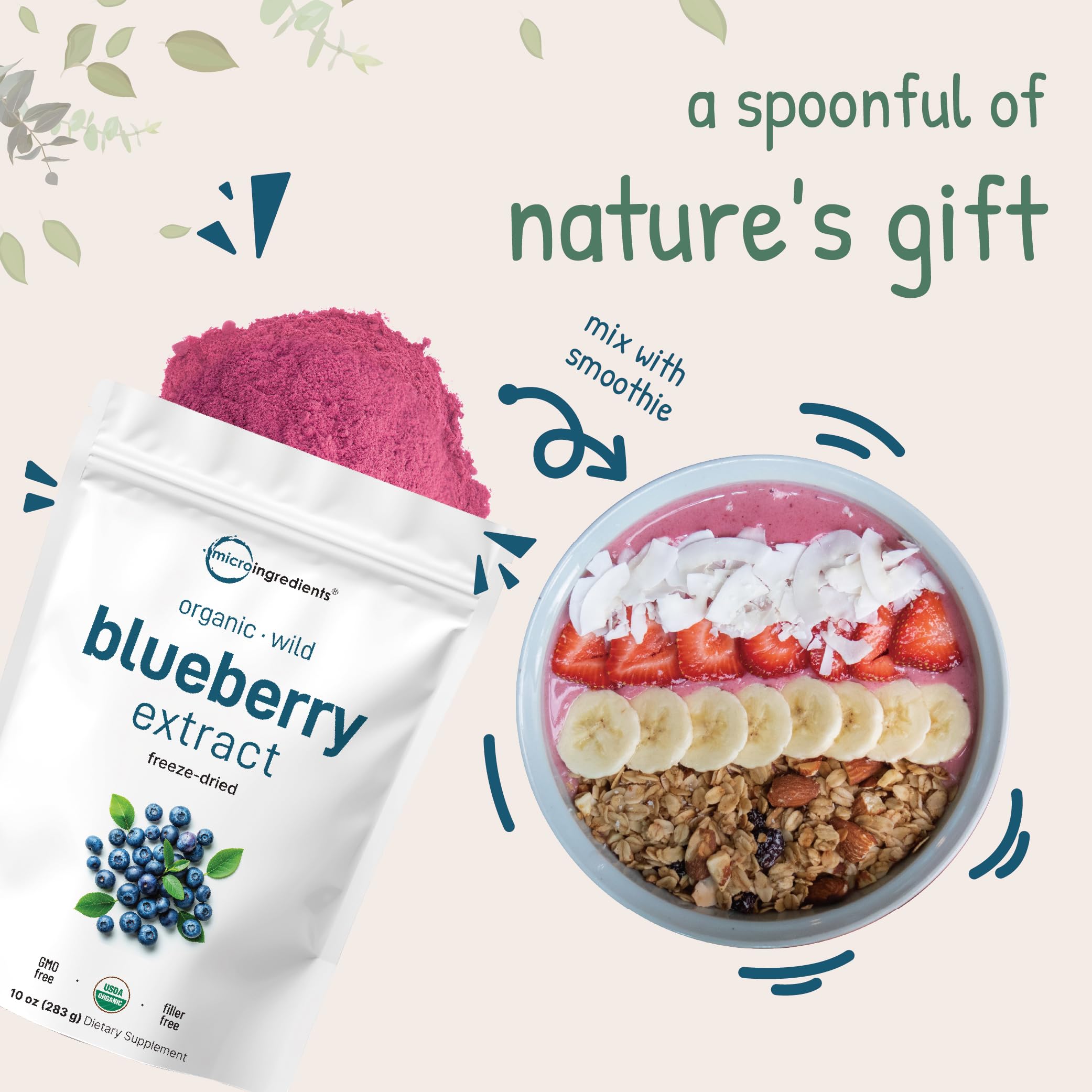 Pour Micro Ingredients blueberry extract powder into a glass for a flavorful drink.
