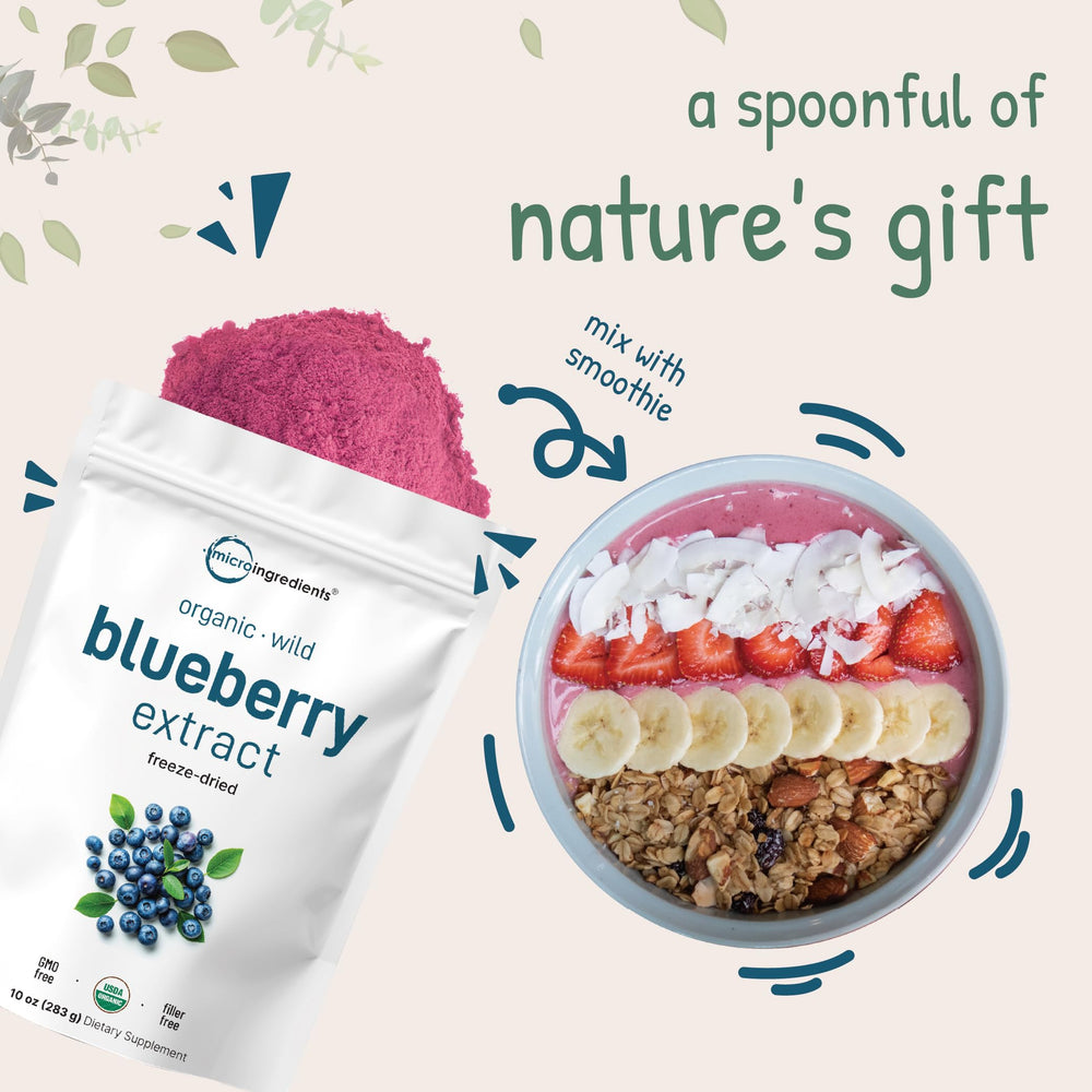 Pour Micro Ingredients blueberry extract powder into a glass for a flavorful drink.