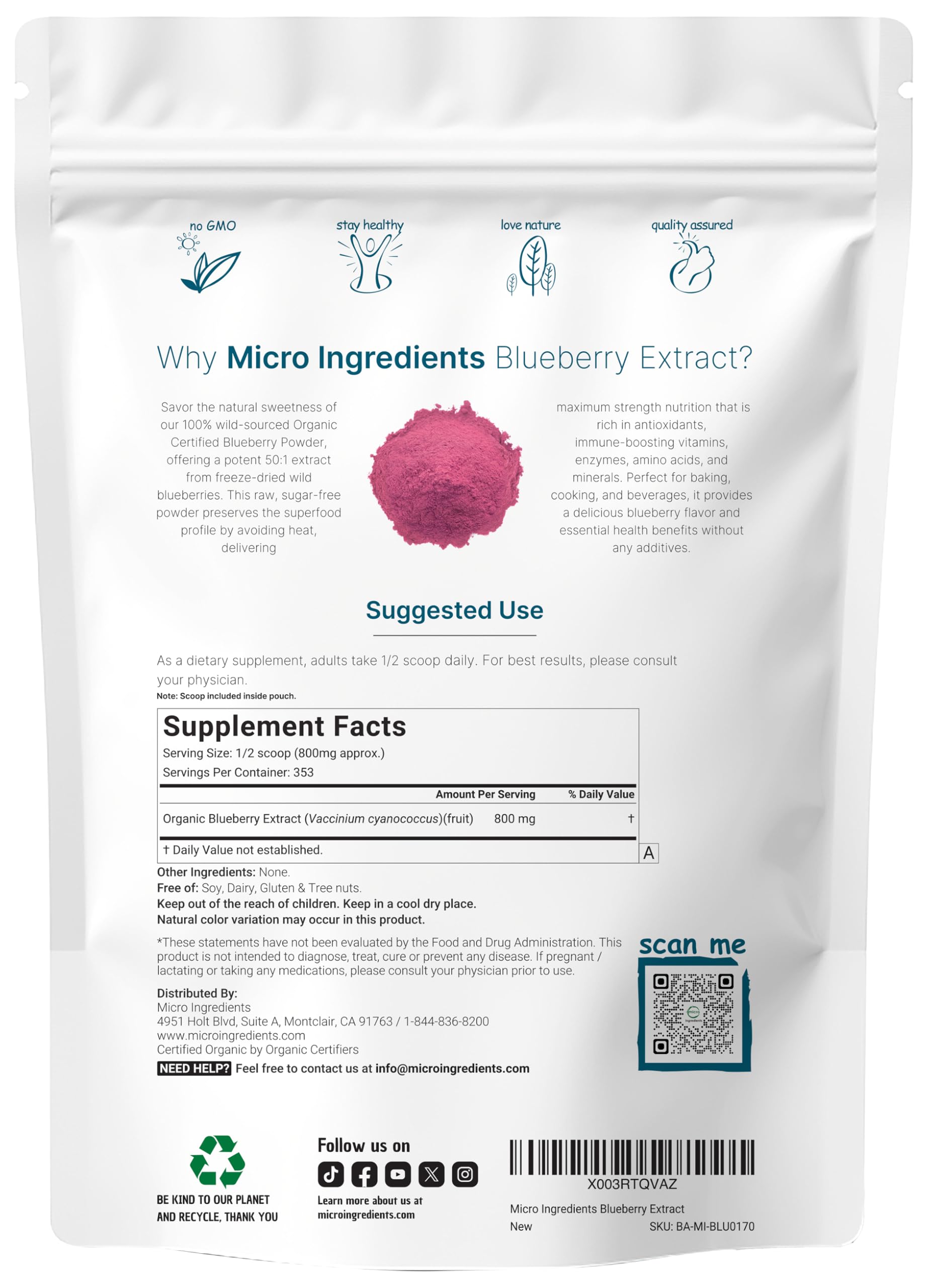 Micro Ingredients blueberry powder scoop ensures precise 800 mg serving for shakes.