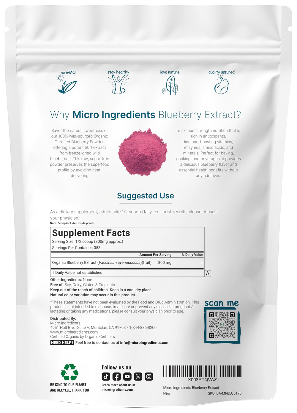 Micro Ingredients blueberry powder scoop ensures precise 800 mg serving for shakes.