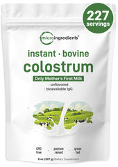 Micro Ingredients bovine colostrum powder 8oz pouch on shelf, convenient daily supplement.