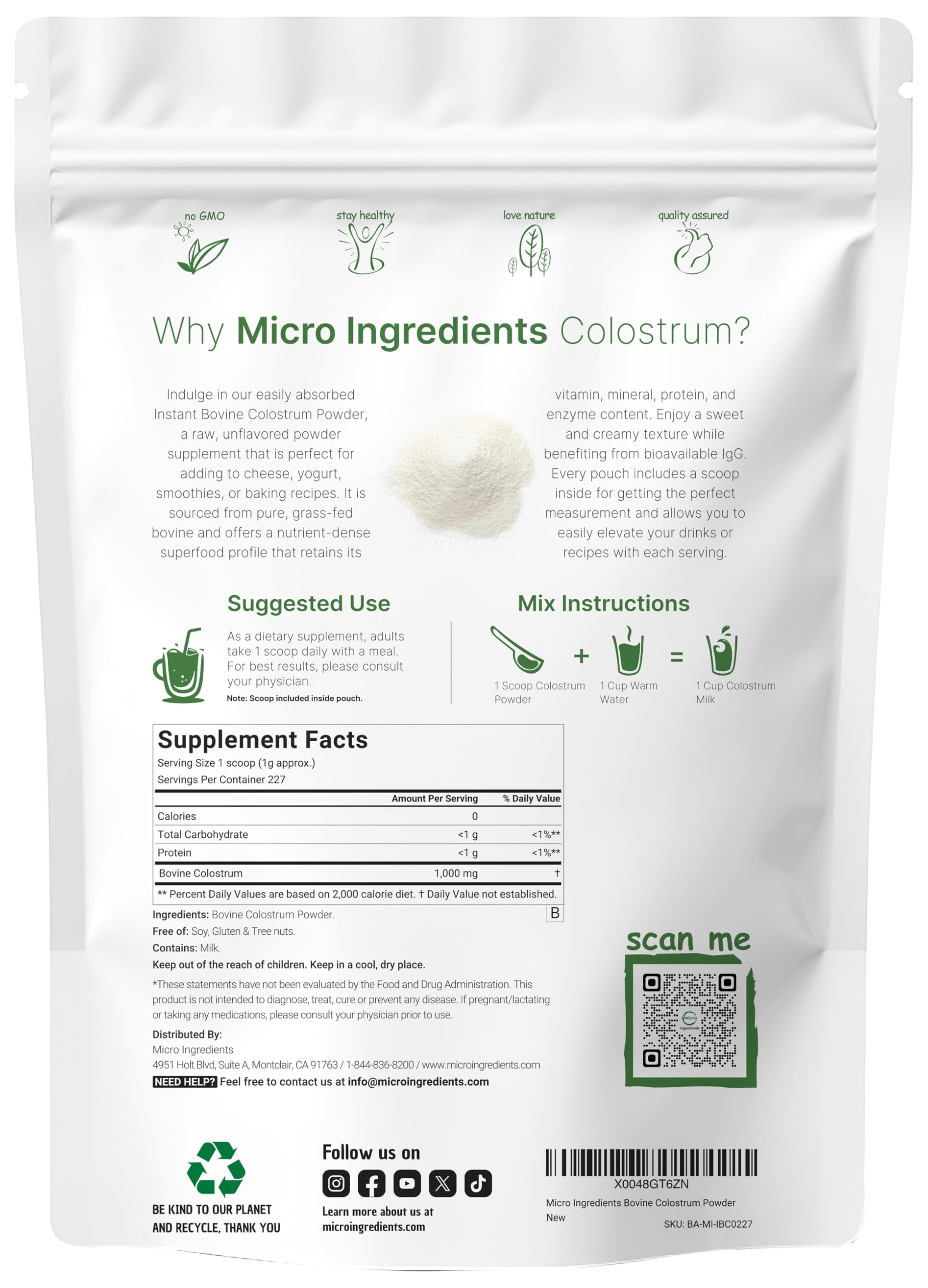 Micro Ingredients scoop included for precise colostrum measurement and consistent servings.