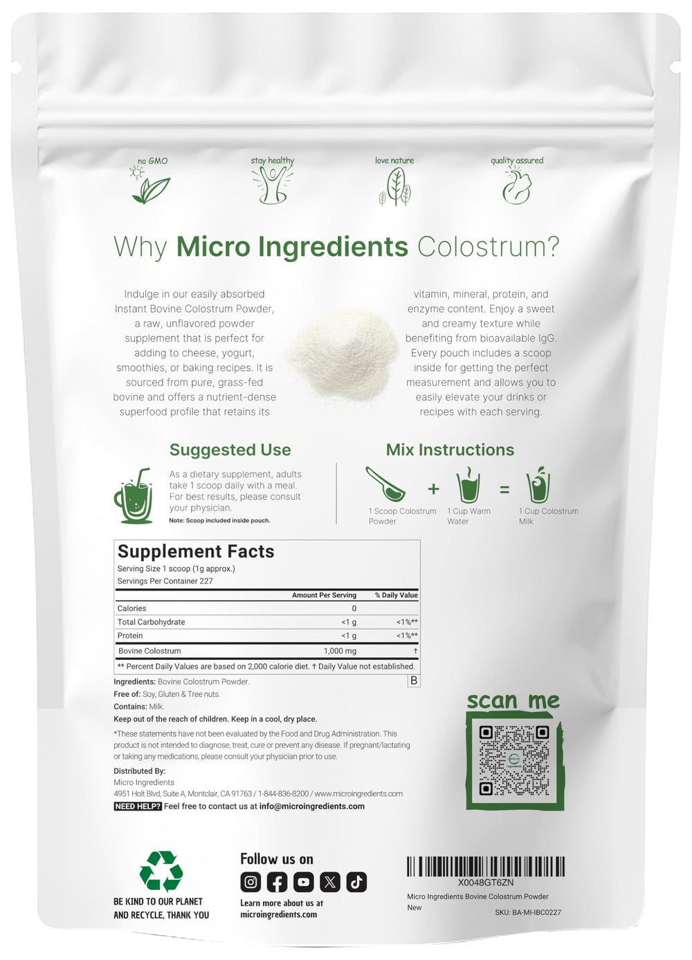 Micro Ingredients scoop included for precise colostrum measurement and consistent servings.