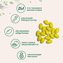 Micro Ingredients Bromelain Quercetin MCT softgels capsules pour demonstrates convenient dosing.