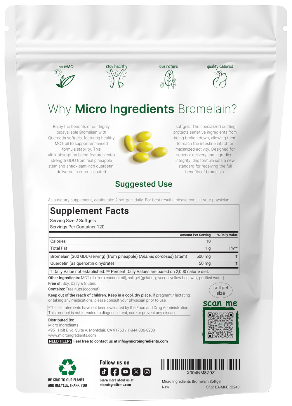Micro Ingredients Bromelain Quercetin MCT softgels label close-up highlights potency and ingredients.