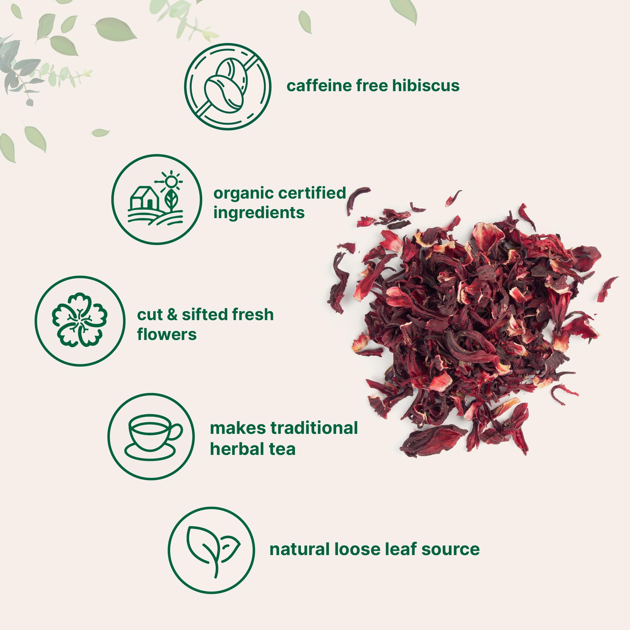 Micro Ingredients Caffeine-free hibiscus flowers suitable for caffeine-sensitive routines.