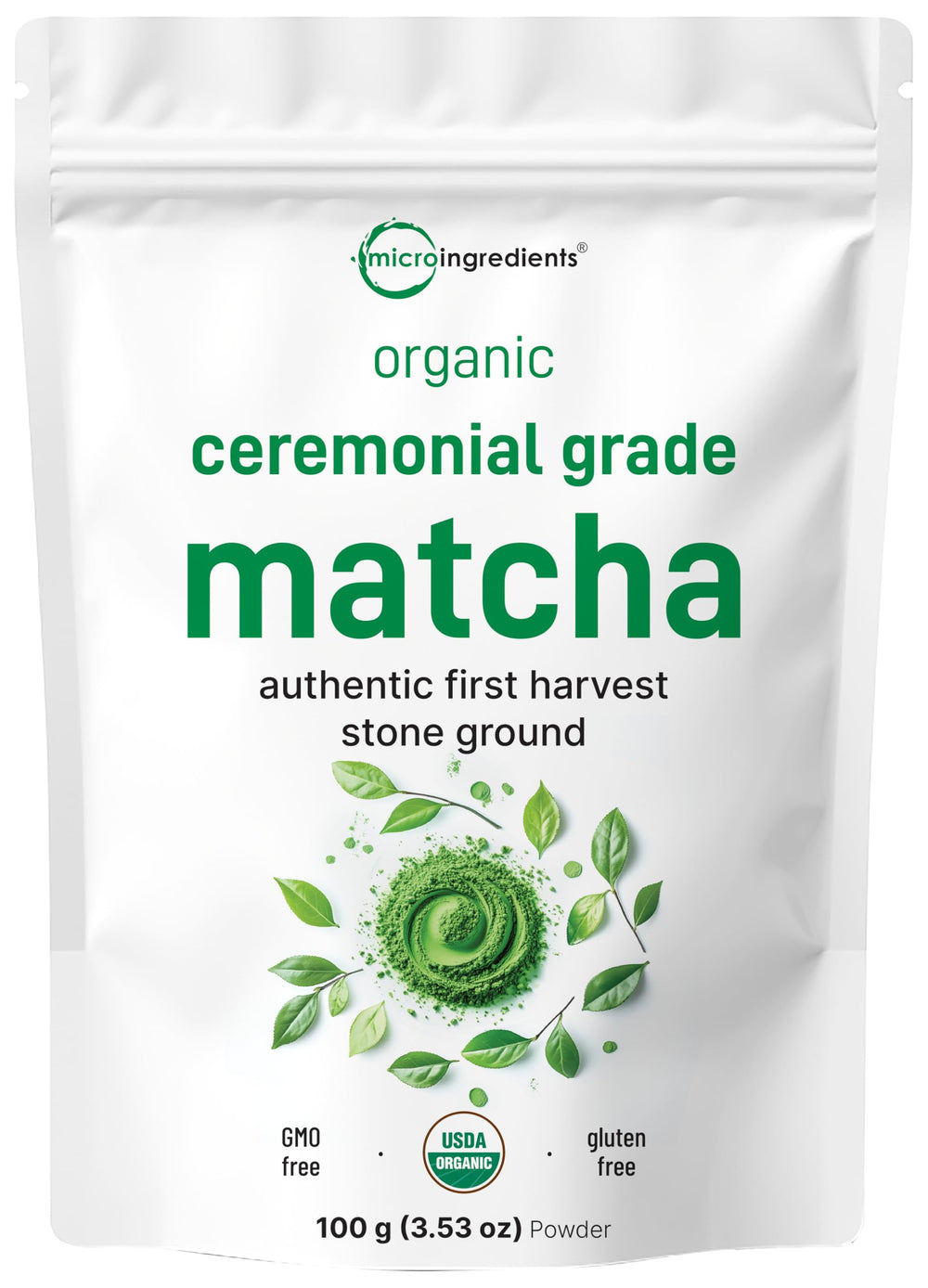 Micro Ingredients ceremonial-grade matcha powder tub shows vibrant green powder ideal for traditional tea