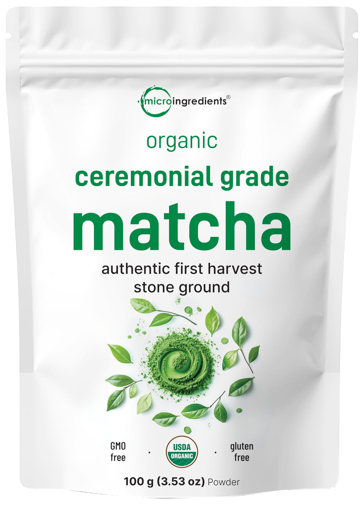 Micro Ingredients ceremonial-grade matcha powder tub shows vibrant green powder ideal for traditional tea