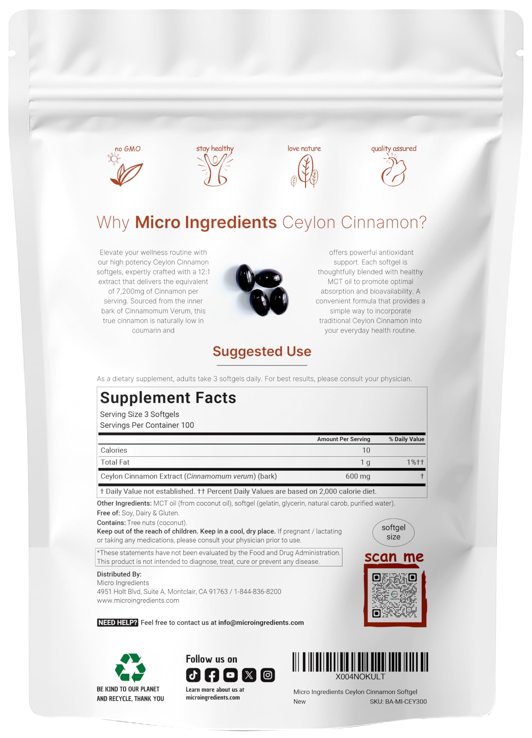 Close-up of Micro Ingredients Ceylon Cinnamon capsules highlighting high-potency bark extract.