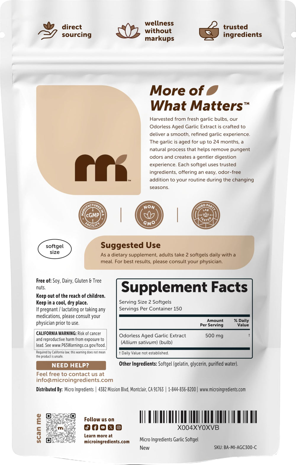 Micro Ingredients cGMP facility badge highlights quality manufacturing.