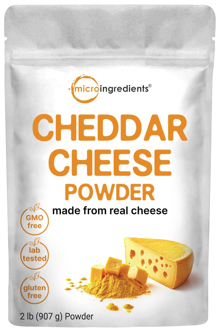 Micro Ingredients cheddar cheese powder bag showing bulk 2 lb supply for home cooks