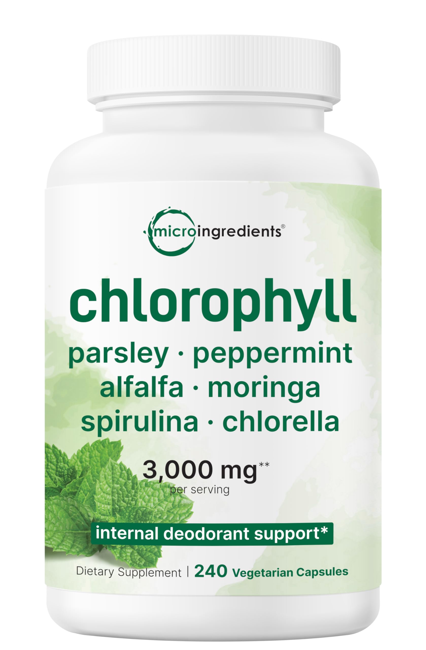 Micro Ingredients Chlorophyll Super Greens bottle with capsules for daily wellness.
