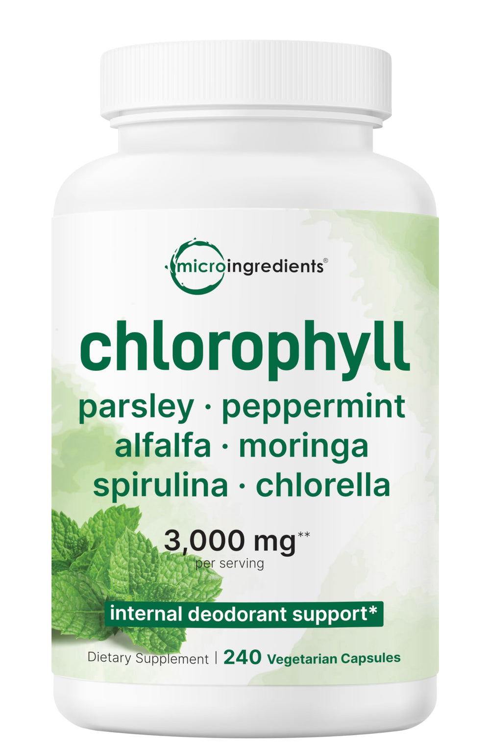Micro Ingredients Chlorophyll Super Greens bottle with capsules for daily wellness.
