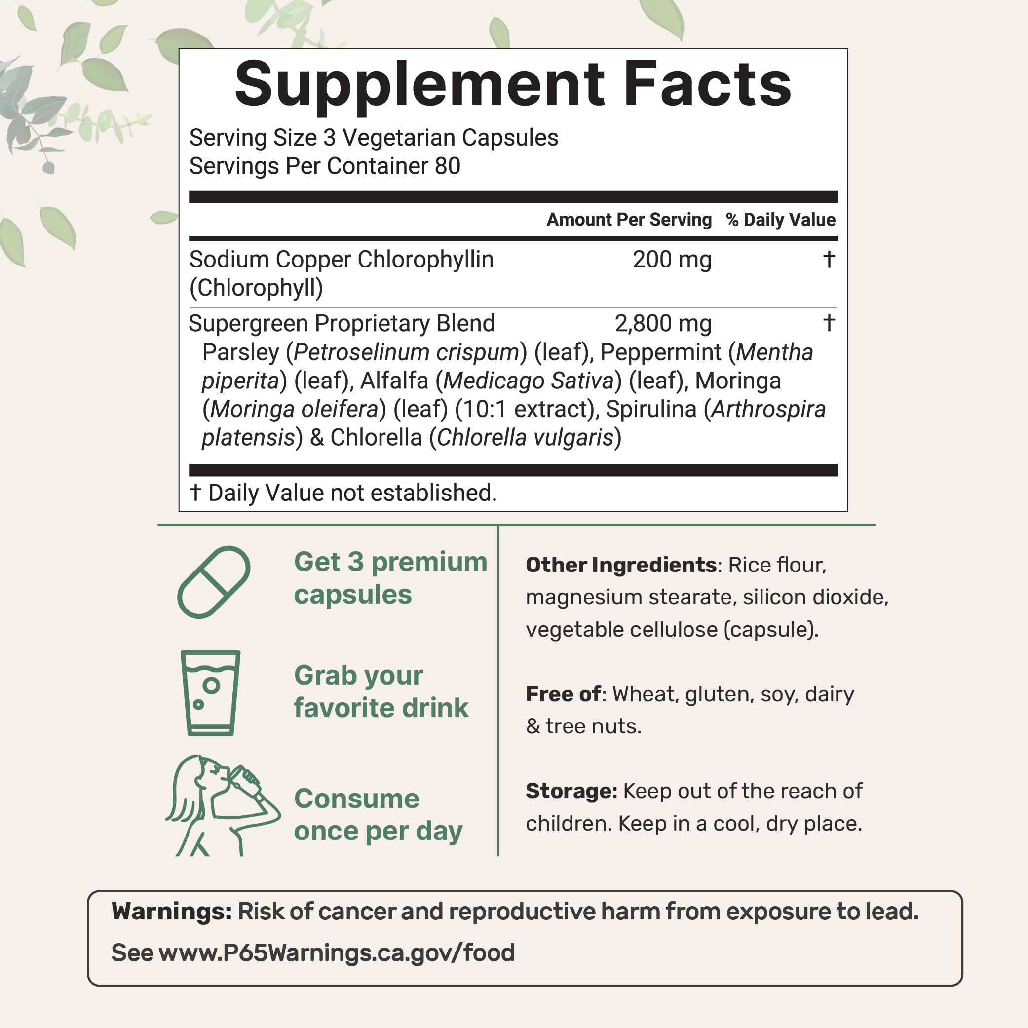 Micro Ingredients Chlorophyll Super Greens capsules close-up highlighting 3,000 mg serving.