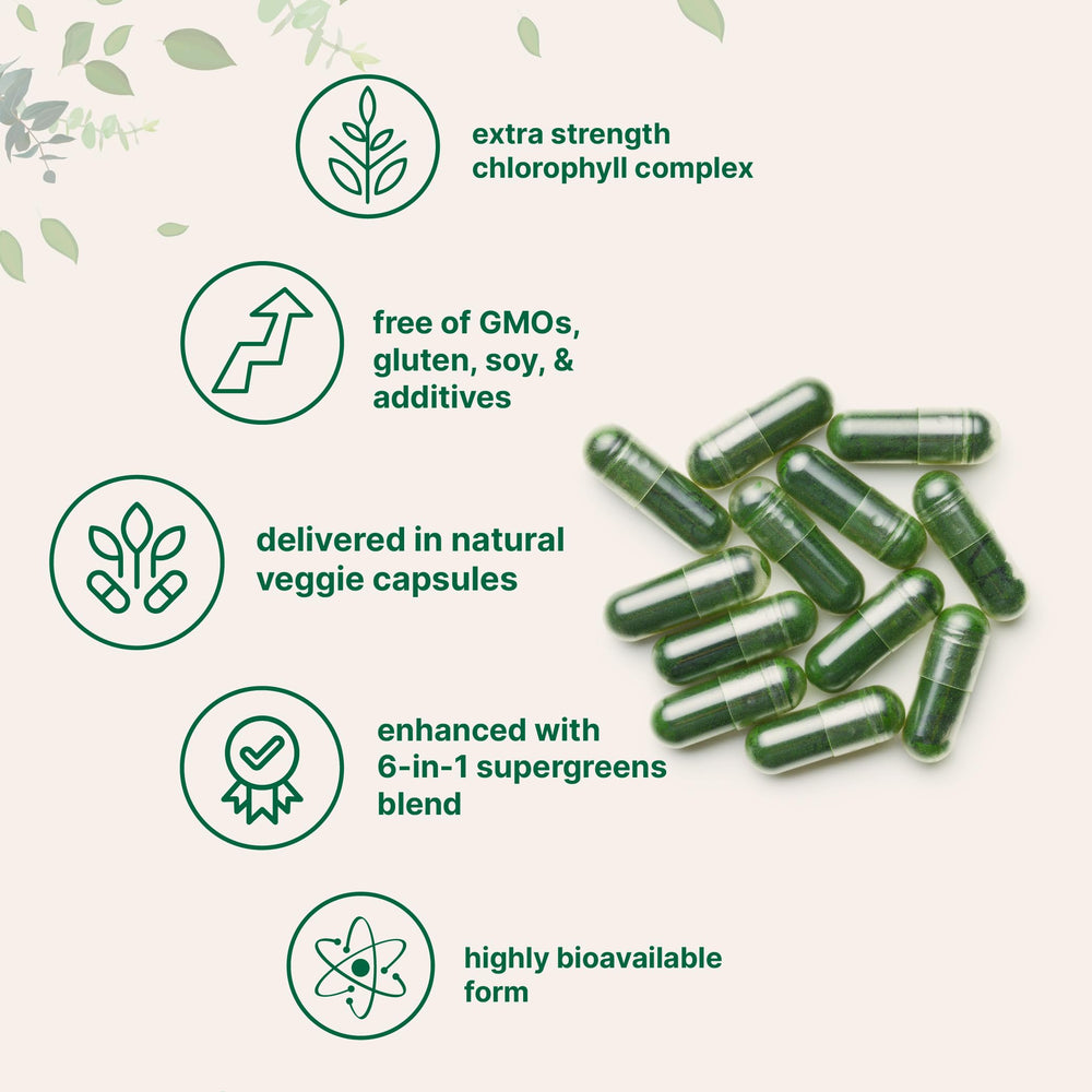 Micro Ingredients Chlorophyll Super Greens ingredient panel shows parsley, moringa, spirulina, chlorella.
