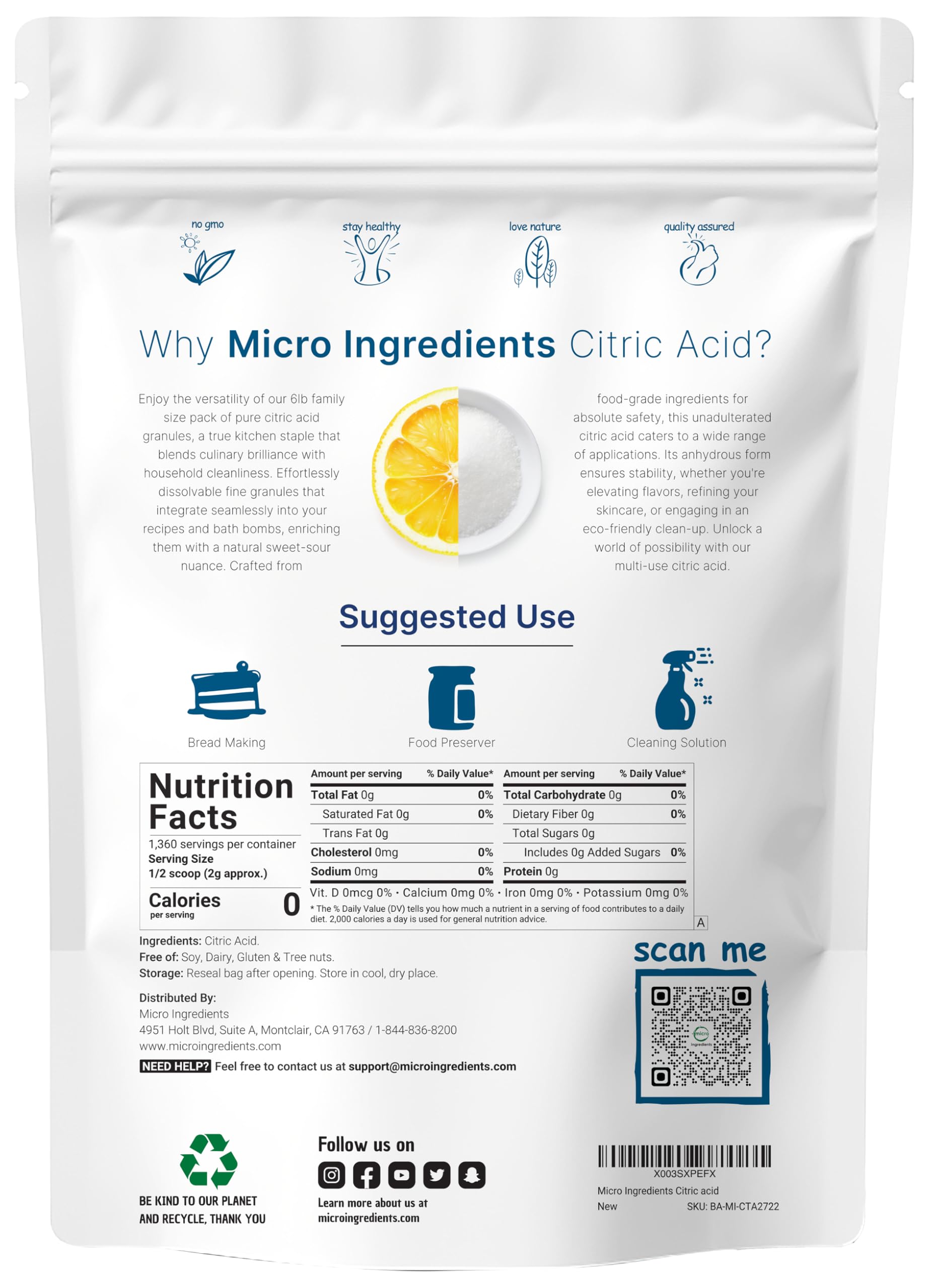 Fine granules of Micro Ingredients citric acid ready to dissolve in recipes