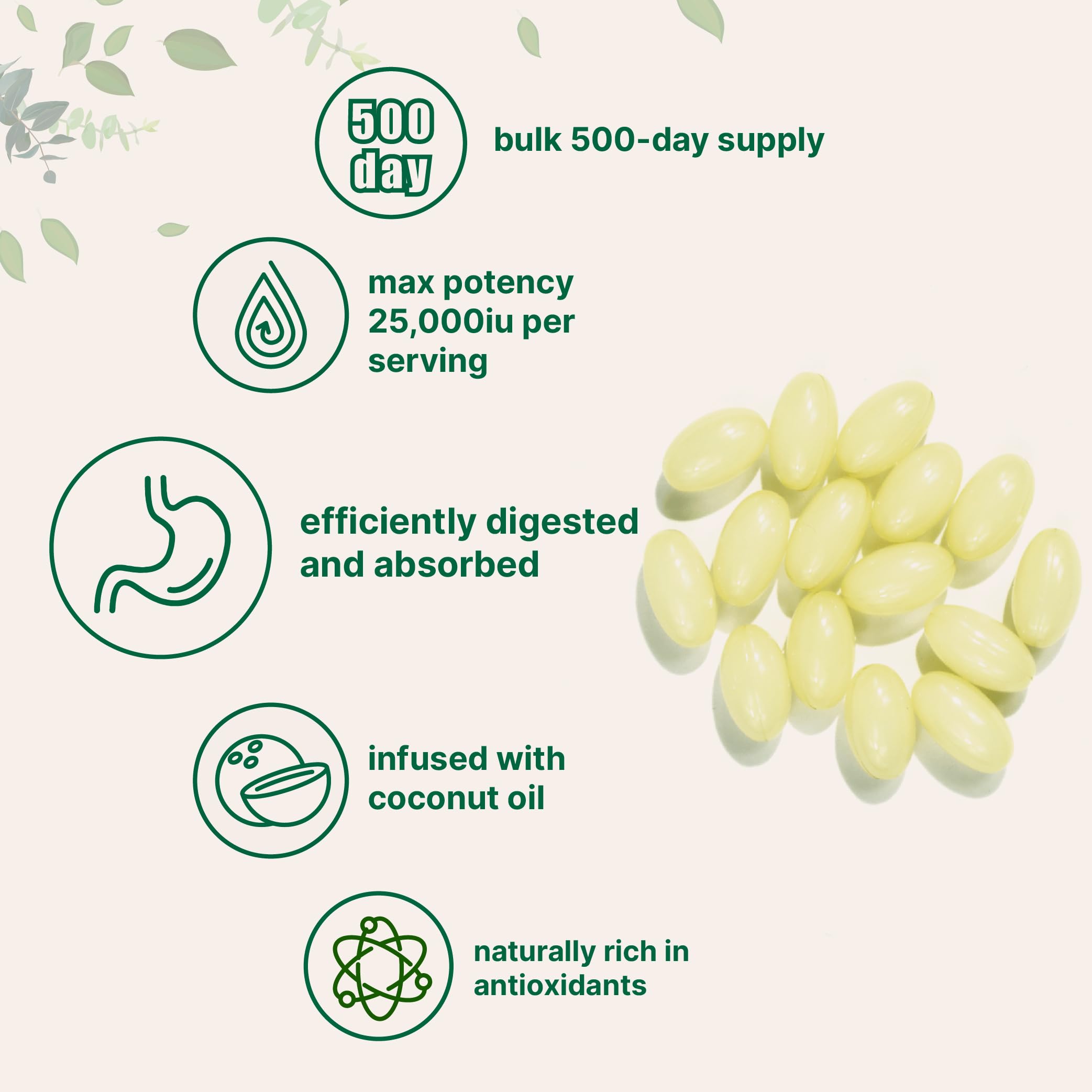 Coconut oil carrier shown with Micro Ingredients vitamin A for better absorption.
