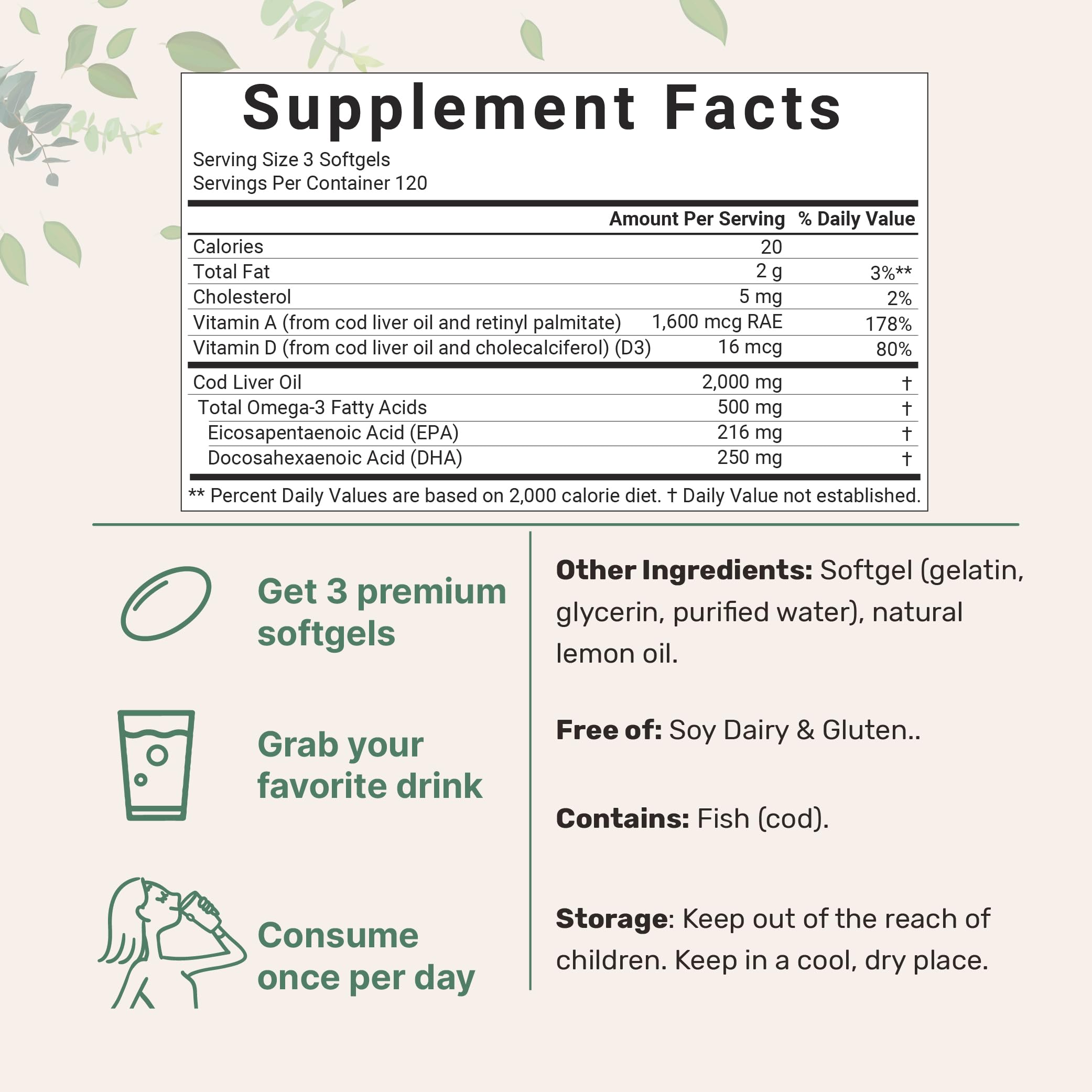 Micro Ingredients cod liver oil softgels close-up with lemon flavor and burpless formula.